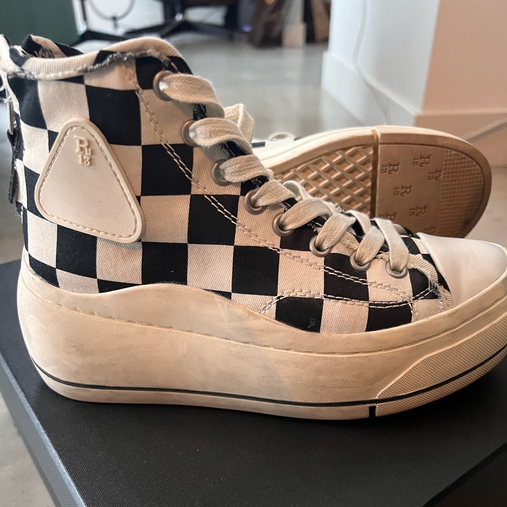 R13 Kurt Hi Top Sneaker // Black + Ecru. Size 6. Like new. Box included